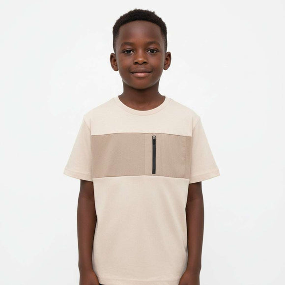 Beige Cut And Sew Tee With Zip At Chest Beige Nawao.com