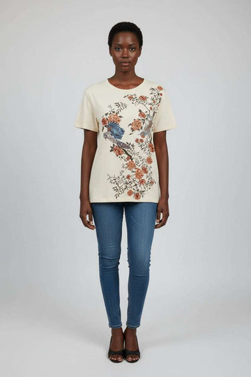 Beige Embroidered Printed Tee Nawao.com