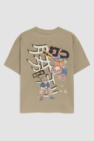 Beige Embroidery Back Print Oversize Tee Nawao.com