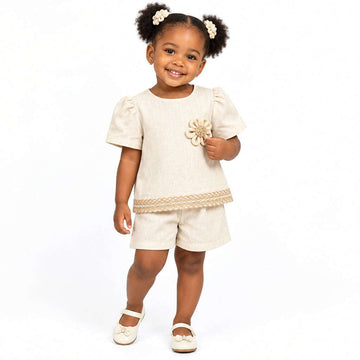 Beige Floral Applique Linen Blouse Beige Nawao.com