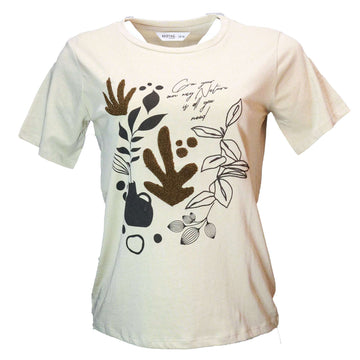 Beige Floral Toweling Emebellished T Shirt Nawao.com