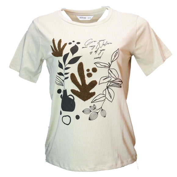 Beige Floral Toweling Emebellished T Shirt Nawao.com
