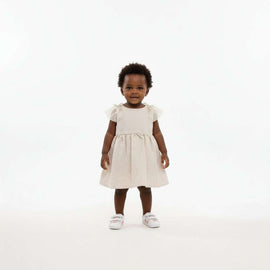 Beige Flower Embroidey Patch Sleeves Dress Nawao.com