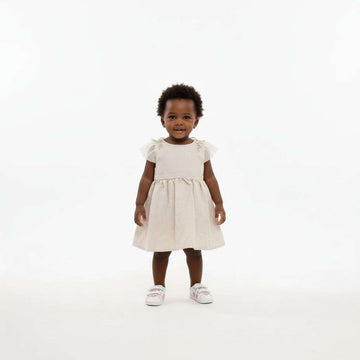 Beige Flower Embroidey Patch Sleeves Dress Nawao.com