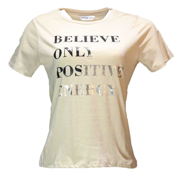 Beige Foil Printed T Shirt Nawao.com