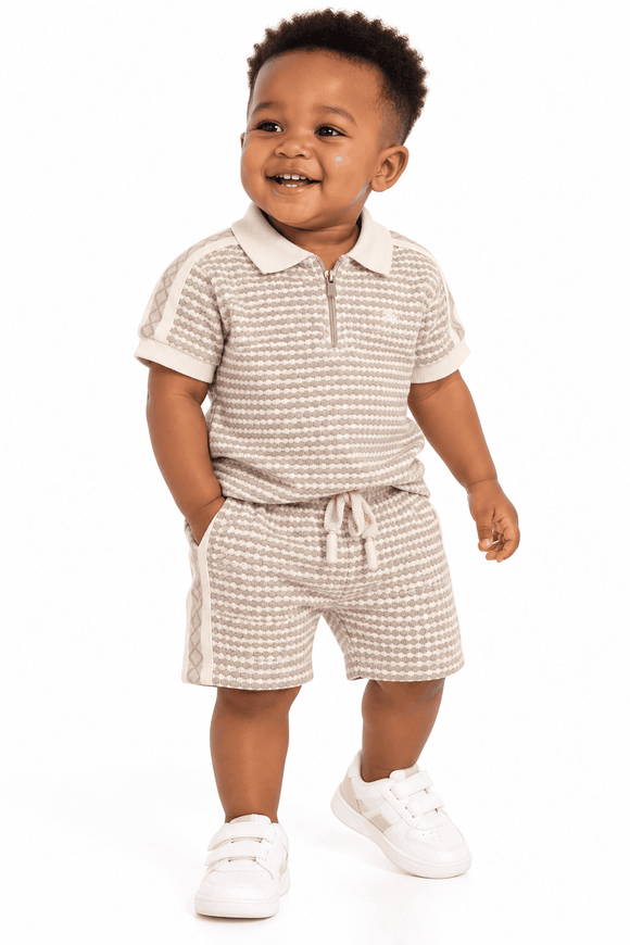 Beige Jacquard Check Polo And Shorts W  Shoulder Tape Beige Nawao.com