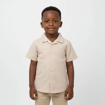 Beige Jacquard Resort Collar Short Sleeve Shirt Beige Nawao.com