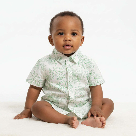 Beige Leaves Printed Short Sleeve Beach Shirts Beige Nawao.com