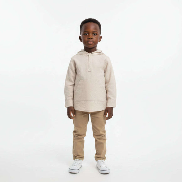Beige Long Sleeve Hooded Linen Shirt Beige Nawao.com