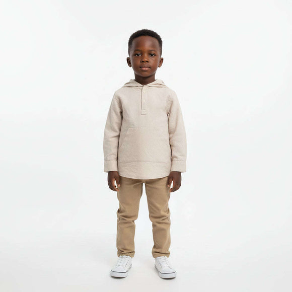 Beige Long Sleeve Hooded Linen Shirt Beige Nawao.com