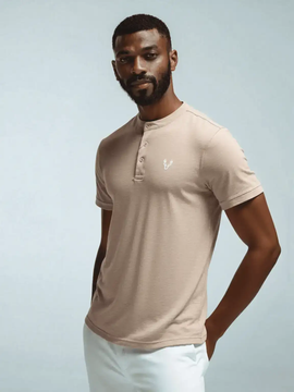 Beige Mao Collar Polo Shirt With Chest Nawao.com