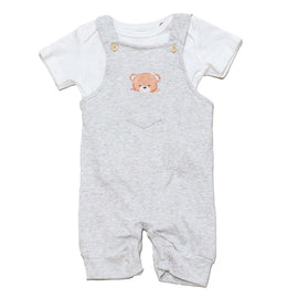 Beige Melange Chest Pocket Bear Print Dungaree Plus Tshirt Nawao.com