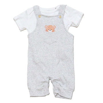 Beige Melange Chest Pocket Bear Print Dungaree Plus Tshirt Nawao.com