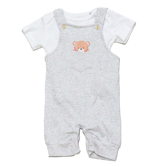 Beige Melange Chest Pocket Bear Print Dungaree Plus Tshirt Nawao.com