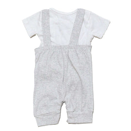 Beige Melange Chest Pocket Bear Print Dungaree Plus Tshirt Nawao.com