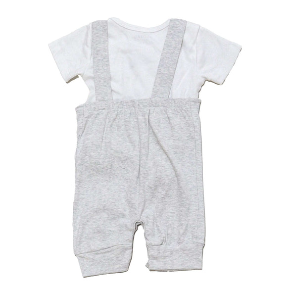 Beige Melange Chest Pocket Bear Print Dungaree Plus Tshirt Nawao.com