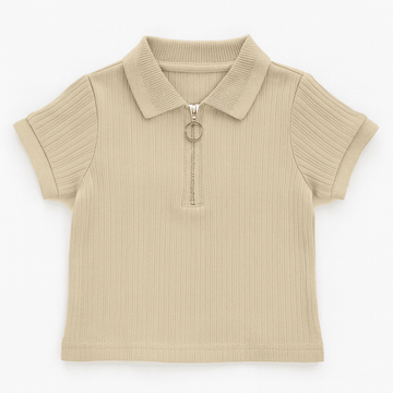 Beige Multi Rib Half Zipper Polo Nawao.com