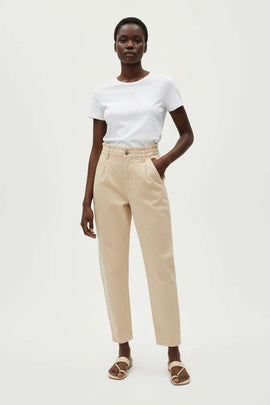 Beige Paper Bag Waist Twill Jeans Nawao.com
