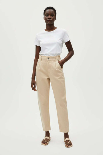 Beige Paper Bag Waist Twill Jeans Nawao.com