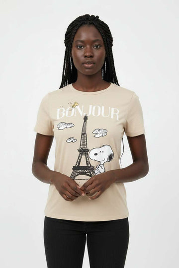 Beige Peanuts Printed T Shirt Nawao.com