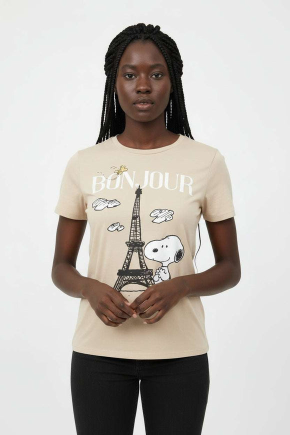 Beige Peanuts Printed T Shirt Nawao.com