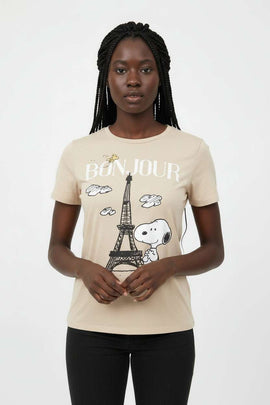 Beige Peanuts Printed T Shirt Nawao.com