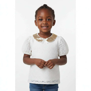 Beige Peterpan Sequins Collar Lace Top Beige Nawao.com
