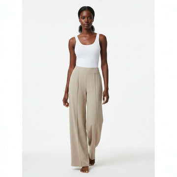 Beige Pintuck Detail Wideleg Knitted Trouser Beige Nawao.com