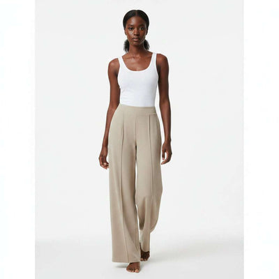 Beige Pintuck Detail Wideleg Knitted Trouser Beige Nawao.com