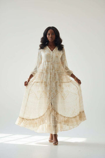 Beige  Printed Long Dress Nawao.com
