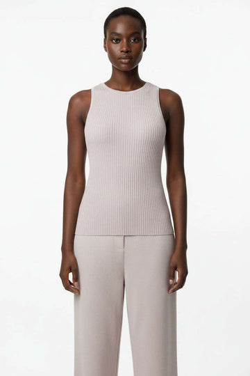 Beige Rib Sleeveless Active T Shirt Beige Nawao.com