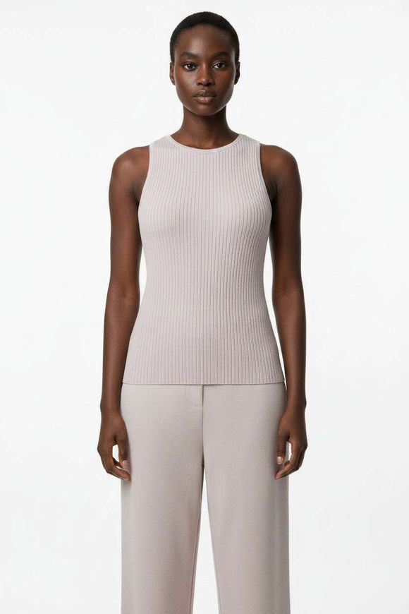 Beige Rib Sleeveless Active T Shirt Beige Nawao.com