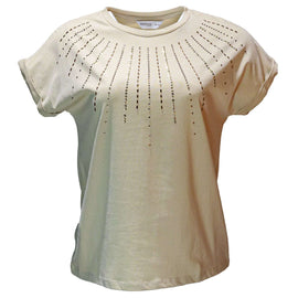Beige Rolled Sleeves With Embellishement T Shirt Nawao.com
