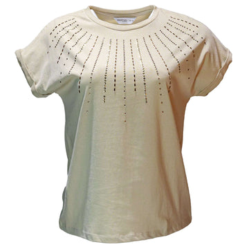 Beige Rolled Sleeves With Embellishement T Shirt Nawao.com