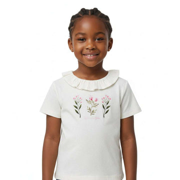 Beige S S Placement Floral Sequiens Work T Shirt Nawao.com