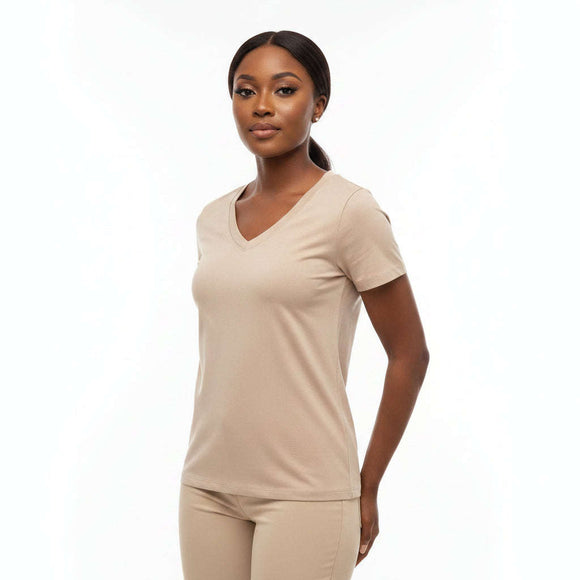 Beige Short Sleeve V Neck T Shirt Beige Nawao.com