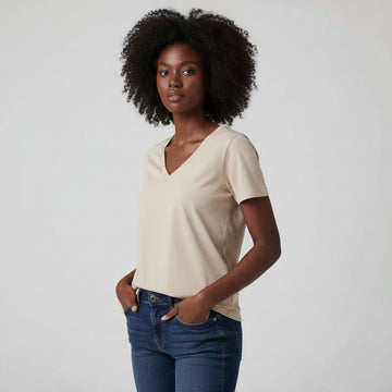 Beige Short Sleeve V Neck T Shirt Nawao.com