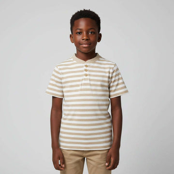Beige Stripe Mandarin Collar Polo Beige Nawao.com