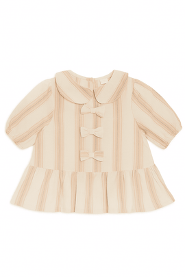 Beige Stripe Puff Sleeve Blouse Beige Nawao.com