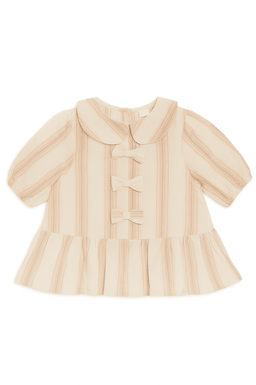 Beige Stripe Puff Sleeve Blouse Beige Nawao.com