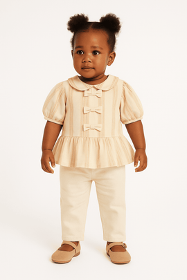 Beige Stripe Puff Sleeve Blouse Beige Nawao.com