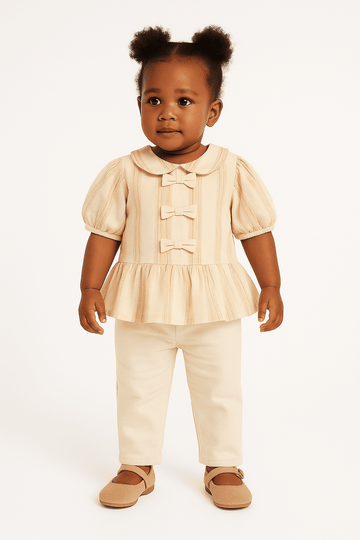 Beige Stripe Puff Sleeve Blouse Beige Nawao.com