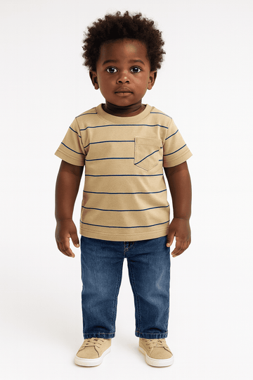 Beige Stripe Short Sleeve T Shirt Nawao.com