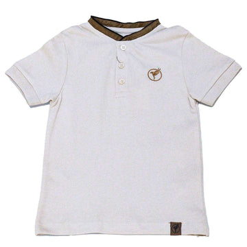 Beige Suede Mandarin Collar Short Sleeve Polo Nawao.com