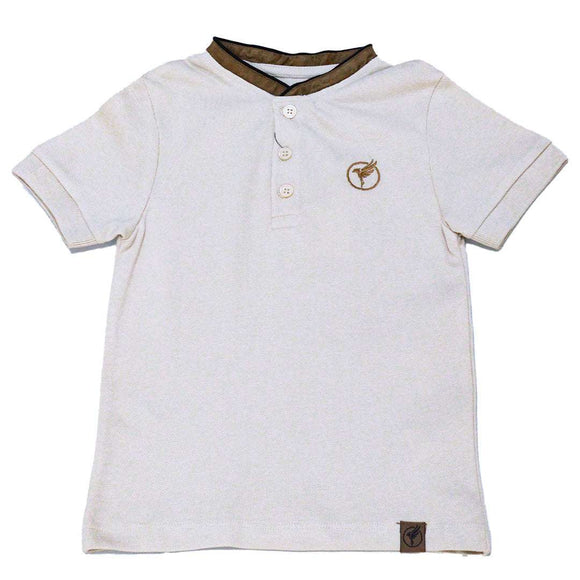 Beige Suede Mandarin Collar Short Sleeve Polo Nawao.com