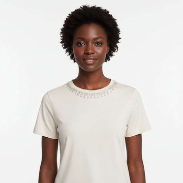 Beige Tee With Neckline  Emebellished Details Nawao.com
