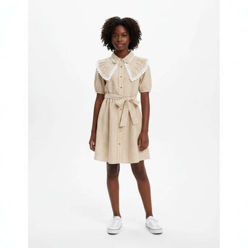 Beige White Collared Shirt Dress Assorted Nawao.com