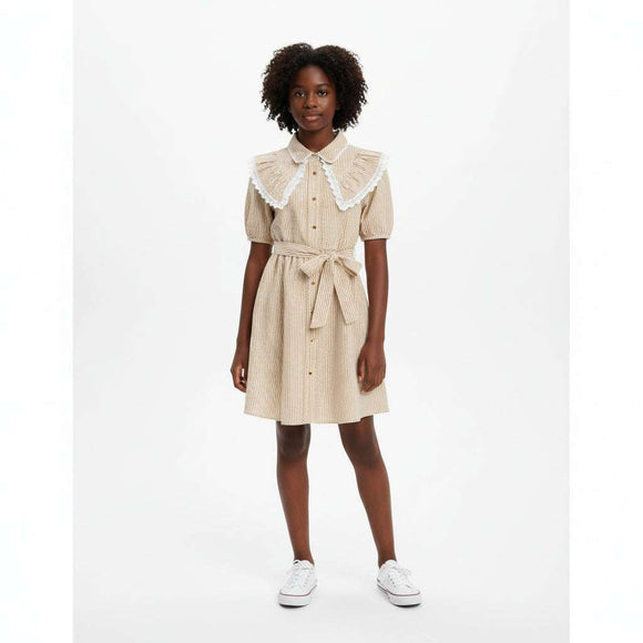 Beige White Collared Shirt Dress Assorted Nawao.com