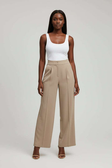 Beige Wide Leg Pin Tuck Detail Trousers Nawao.com