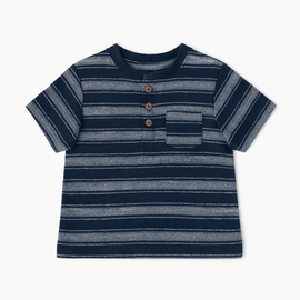 Black And Grey Striped Henley Pique Tshirt Nawao.com